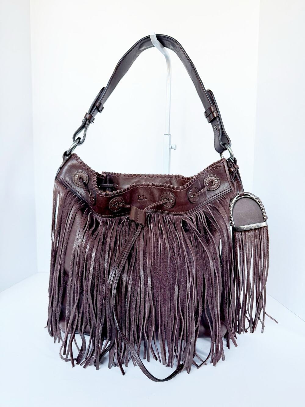 Ralph Lauren Brown Leather Fringe Bucket Bag Hobo Shoulder Handbag Stirrup Charm